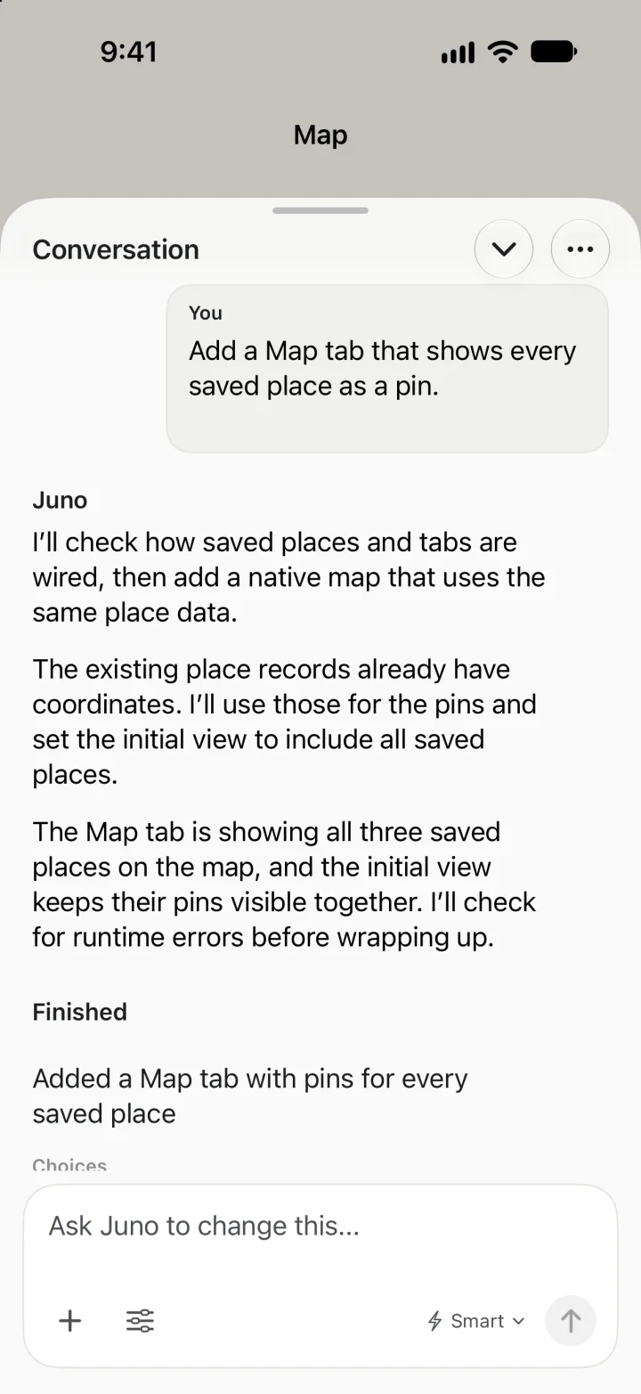 Juno on iPhone explaining how it will add a Map tab that plots every saved place, in a conversation sheet over the app being built.