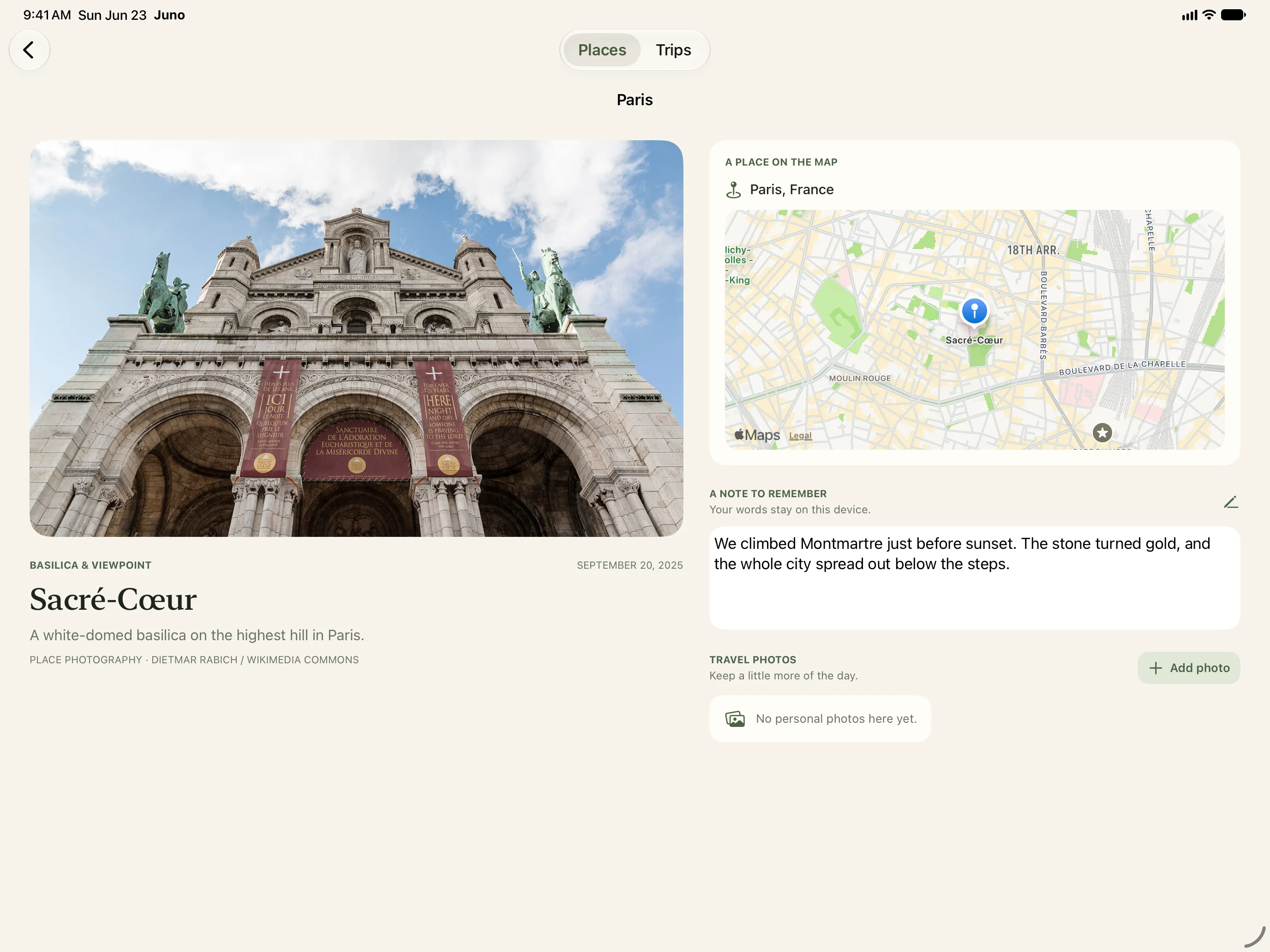 Wayfarer on iPad: a Paris memory of Sacré-Cœur with a native map, location details, and notes.