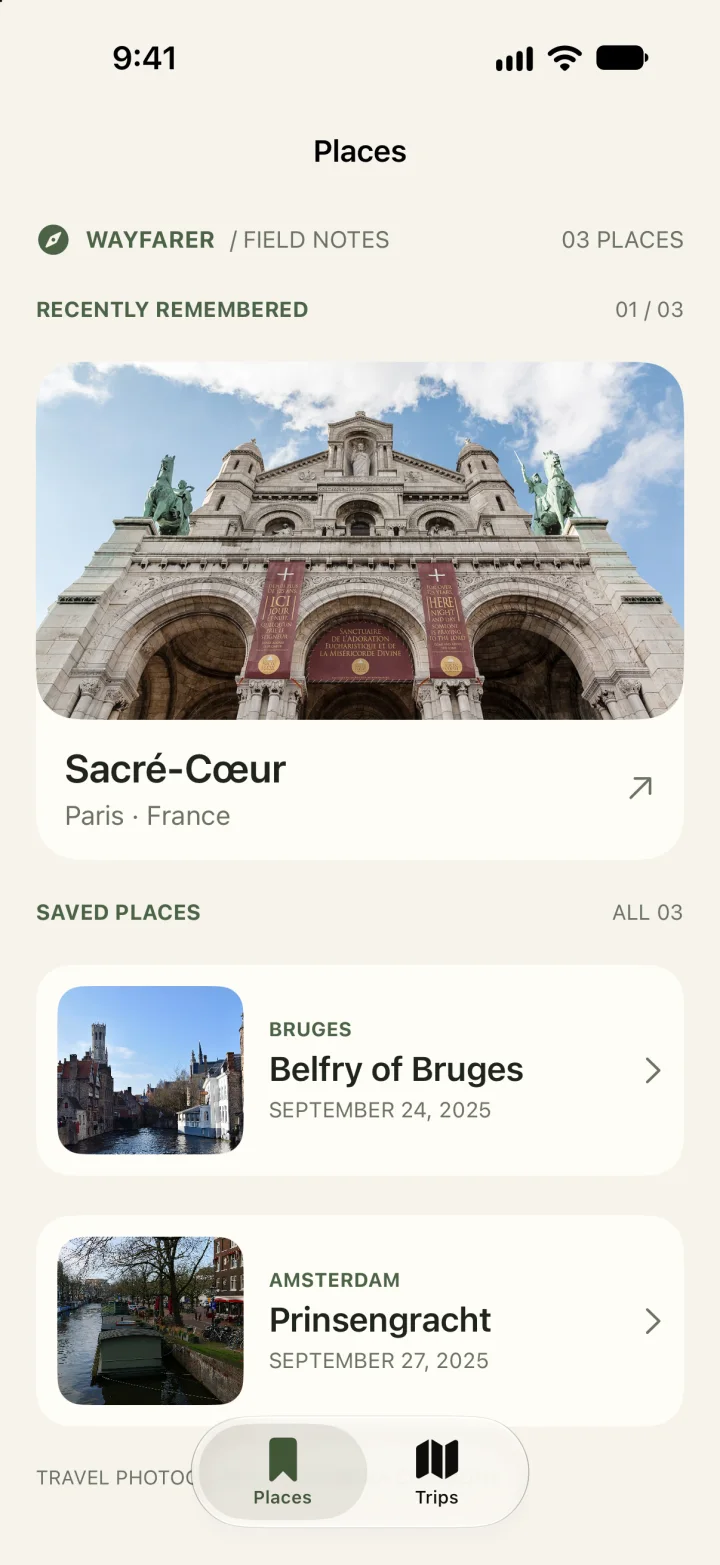 Wayfarer on iPhone, listing saved places in Paris, Bruges, and Amsterdam.